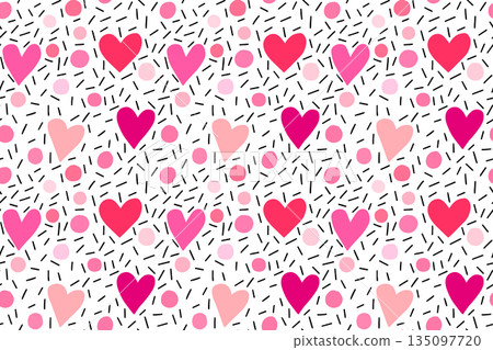 Seamless vector pattern in flat modern style with doodle hearts and lines in pink and blac on white background 135097720