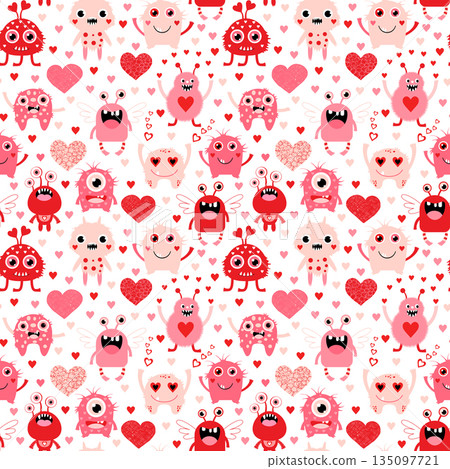 Vector seamless pattern with cute pink monsters and hearts in flat styles for Valentine's Day and love themed graphic designs 135097721