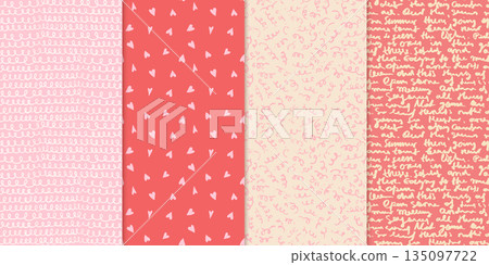 Cute romantic hearts, loops brush scribbles and handwriting vector seamless pattern set in pink and red tones for Valentine's Day graphic design and backgrounds 135097722