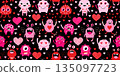 Cute vector seamless pattern with pink and red monster creatures and hearts for Valentine's Day graphic designs, kids clothing, banners and decor 135097723
