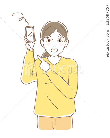 一位年輕女子因智慧型手機螢幕操作故障、社交網路、諮詢、向量等問題而感到困擾。 一位年輕女子因智慧型手機螢幕操作故障、社交網路、諮詢、向量等問題而感到困擾。 135097757