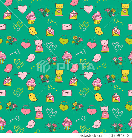 Cute and colorful vector seamless pattern with cats and cupcakes for backgrounds kid birthday invitations and children clothing Cute and colorful vector seamless pattern with cats and cupcakes for backgrounds kid birthday invitations and children clothing 135097830