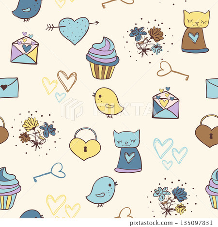 Cute hand drawn seamless vector pattern with cats, birds and other love theme doodle elements for stationery and invitations Cute hand drawn seamless vector pattern with cats, birds and other love theme doodle elements for stationery and invitations 135097831