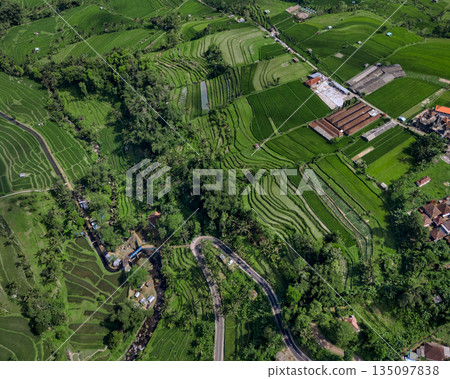 Overhead View Of Verdant Agricultural Terraces With Winding Roads 135097838