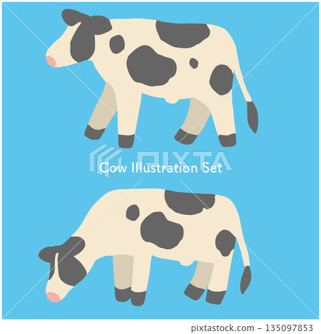 Illustration set of walking and eating cows 135097853