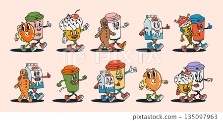 Retro food and drink characters in groovy style. Cartoon donuts, cupcakes, coffee cups, milk, gingerbread and ice cream walking in pairs. Fun vector illustration for stickers, branding and designs. Retro food and drink characters in groovy style. Cartoon donuts, cupcakes, coffee cups, milk, gingerbread and ice cream walking in pairs. Fun vector illustration for stickers, branding and designs. 135097963