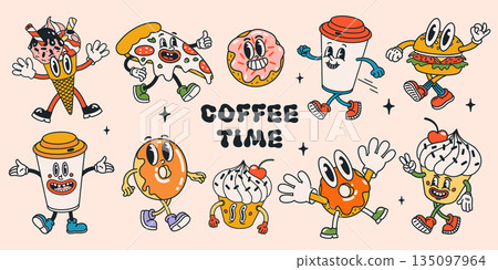 Retro food character set with groovy cartoon style coffee cups, donuts, pizza, burgers, ice cream and cupcakes in playful poses. Vibrant vector illustration for stickers, branding and fun designs. 135097964