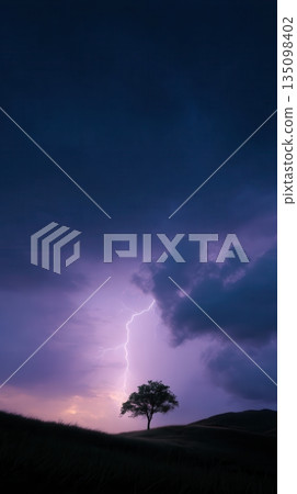 Powerful lightning striking near a lone tree on... - Stock Illustration ...