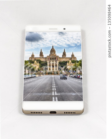 Smartphone Displaying National Palace and Road in Barcelona, Spain 135098464