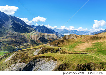 Driving up the Col du Tourmalet steep road, located in the Hautes-Pyrenees in France, famous Tour de France climb 135098492