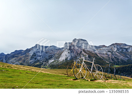 Huge bicycles in honor of the winners of the Tour de France Cycling race at the top of Col d'Aubisque in France 135098535