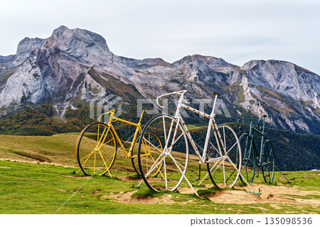Huge bicycles in honor of the winners of the Tour de France Cycling race at the top of Col d'Aubisque in France Huge bicycles in honor of the winners of the Tour de France Cycling race at the top of Col d'Aubisque in France 135098536