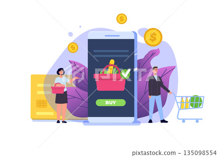 Online Shopping  concept with characters. Ecommerce retail on device. Vector illustration. 135098554