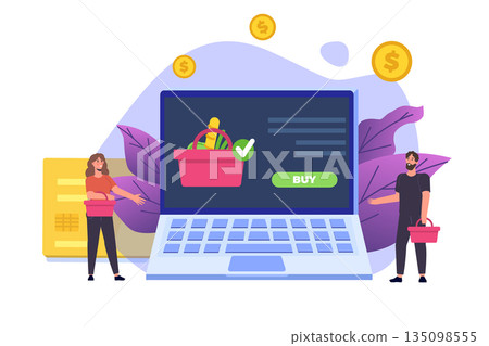 Online Shopping concept with characters. Ecommerce retail on device. Vector illustration. Online Shopping concept with characters. Ecommerce retail on device. Vector illustration. 135098555