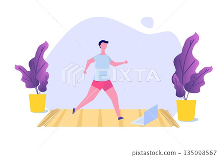 Online sports tutorial, Yoga studios streaming consept. Working out at home. Vector illustration Online sports tutorial, Yoga studios streaming consept. Working out at home. Vector illustration 135098567
