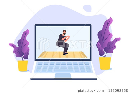 Online sports tutorial, Yoga studios streaming consept. Working out at home. Vector illustration 135098568