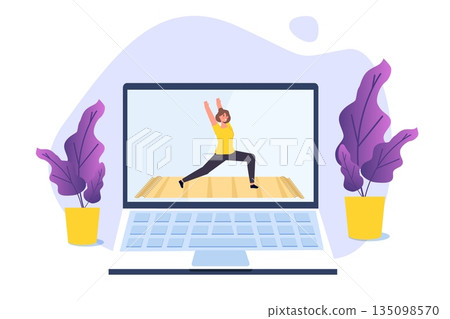 Online sports tutorial, Yoga studios streaming consept. Working out at home. Vector illustration Online sports tutorial, Yoga studios streaming consept. Working out at home. Vector illustration 135098570
