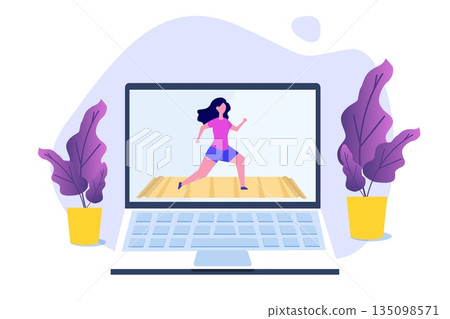 Online sports tutorial, Yoga studios streaming consept. Working out at home. Vector illustration 135098571