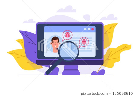 Vulnerability and bugs search or scan, finding malware concept.  Vector illustration. 135098610