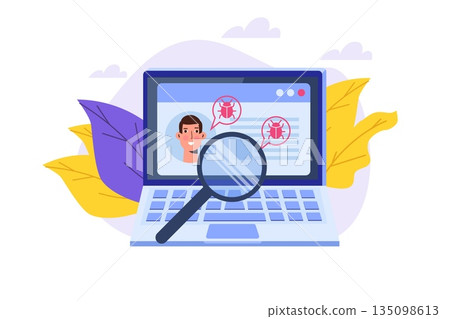 Vulnerability and bugs search or scan, finding malware concept.  Vector illustration. 135098613