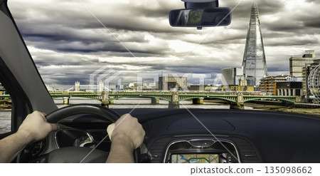London cityscape from car with Southwark Bridge and The Shard 135098662