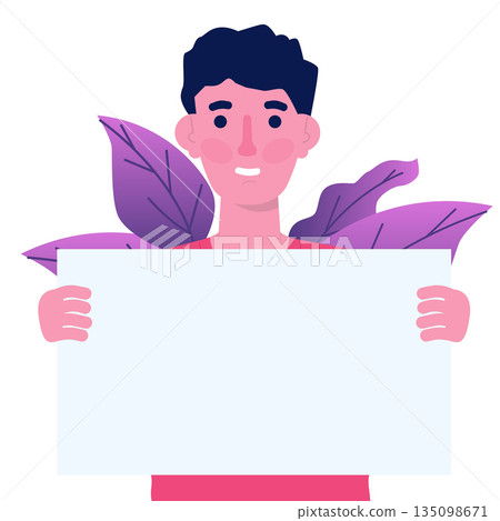 Smiling man holding empty banner. Vector isolated illustration 135098671