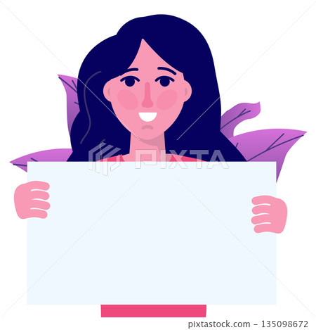 Smiling woman holding empty banner. Vector isolated illustration 135098672