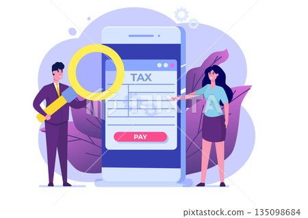 Online tax payment app concept. People filling tax. Can use for landing page template. Vector illustration Online tax payment app concept. People filling tax. Can use for landing page template. Vector illustration 135098684