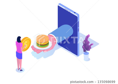 Order food online services, fastfood delivery isometric concept. Vector illustration 135098699