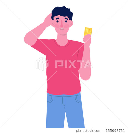 Male character holding digital payment card. Payment error concept. Vector illustration. Male character holding digital payment card. Payment error concept. Vector illustration. 135098731
