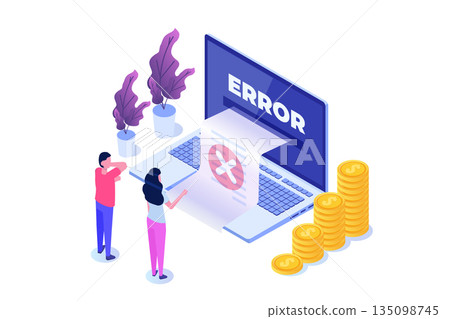 Payment error info message isometric concept.  Customer cross marks failure. Vector illustration. 135098745
