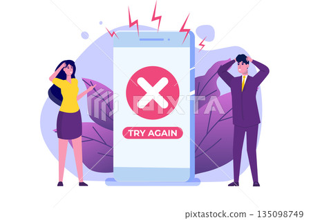 Payment error info message on smartphone.  Customer cross marks failure. Vector illustration. 135098749