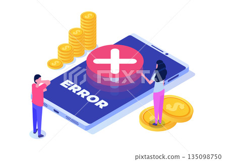 Payment error info message isometric concept.  Customer cross marks failure. Vector illustration. 135098750