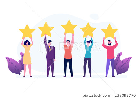 People holding gold rating star. Positive star feedback, Quality assurance survey, Customer review, Quality rating concept. Vector illustration. 135098770