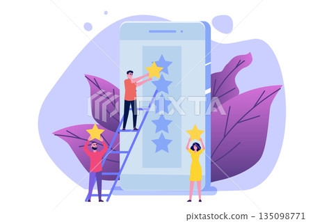 People give gold rating star to the smartphone app.Positive star feedback, Quality assurance survey, Customer review, Quality rating concept. Vector illustration. 135098771