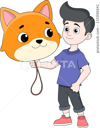 Cute Boy Holding Fox Mask Imagination Cartoon Illustration 135098841