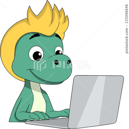 Cute Dinosaur Using Laptop for Digital Education Concept 135098846