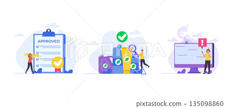 Product quality control, defective product testing and safety control. Vector illustration. Product quality control, defective product testing and safety control. Vector illustration. 135098860
