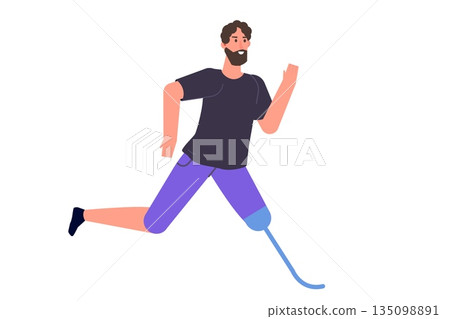 Man with prosthetic legs running. Disabled people with disabilities and prosthesis. Character witth a Bionic foot.  Vector flat style illustration. 135098891