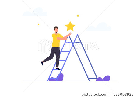 Businessman standing on stairs and reaches the star. Vector illustration. 135098923