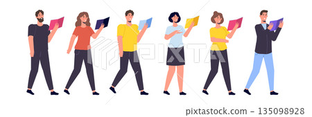 Students reading book, preparing for examination. Set Books lover concept. Vector Illustration Students reading book, preparing for examination. Set Books lover concept. Vector Illustration 135098928