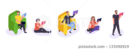 Students reading book, preparing for examination. Set Books lover concept. Vector Illustration Students reading book, preparing for examination. Set Books lover concept. Vector Illustration 135098929