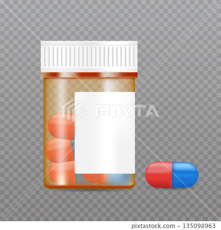 Realistic pills bottle. Pharmaceutical product packaging mockup. Vector illustration Realistic pills bottle. Pharmaceutical product packaging mockup. Vector illustration 135098963