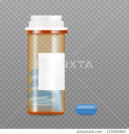 Realistic pills bottle. Pharmaceutical product packaging mockup. Vector illustration Realistic pills bottle. Pharmaceutical product packaging mockup. Vector illustration 135098964