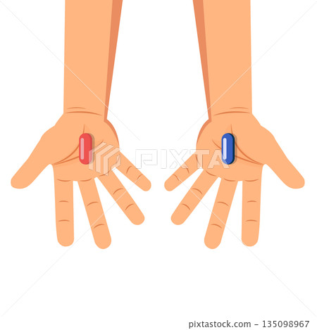 Hands with Red and blue pills choice.  Tablets question metaphor. Vector illustration 135098967