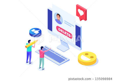 Remove or delete the social account or profile concept. Isometric vector illustrations for banner, website, landing page, flyer. 135098984