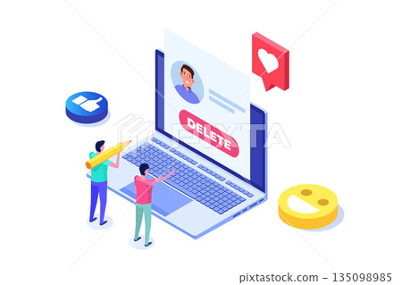 Remove or delete the social account or profile concept. Isometric vector illustrations for banner, website, landing page, flyer. 135098985