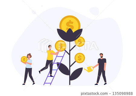 Revenue increase, money tree, high budget concept with happy businessman. Investment profit. Vector illustration. Revenue increase, money tree, high budget concept with happy businessman. Investment profit. Vector illustration. 135098988