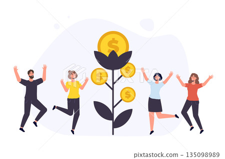 Revenue increase, money tree, high budget concept with happy businessman. Investment profit. Vector illustration. Revenue increase, money tree, high budget concept with happy businessman. Investment profit. Vector illustration. 135098989