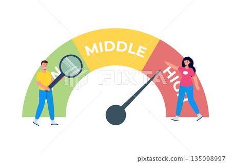 Risk management concept. Businessman and businesswoman turning risk meter arrow. Vector illustration. Risk management concept. Businessman and businesswoman turning risk meter arrow. Vector illustration. 135098997
